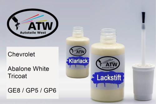 Chevrolet, Abalone White Tricoat, GE8 / GP5 / GP6: 20ml Lackstift + 20ml Klarlack - Set, von ATW Autoteile West.